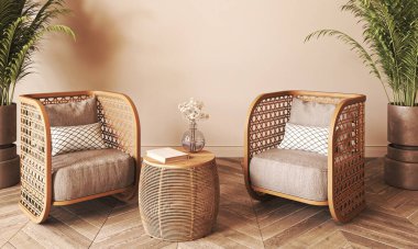 Japandi boho bej iç döşemesi yeşil palmiye bitkileri ve koltuk arkası. Hafif modern Avustralyalı oturma odası. 3D görüntüleme. Yüksek kalite 3d illüstrasyon.