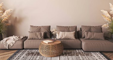 Japon bej iç dekorasyonu, kanepe ve kuru bitki. Hafif doğa skandalı oturma odası. Yatay panoramik arkaplan. 3D görüntüleme modeli. Yüksek kalite 3d illüstrasyon.