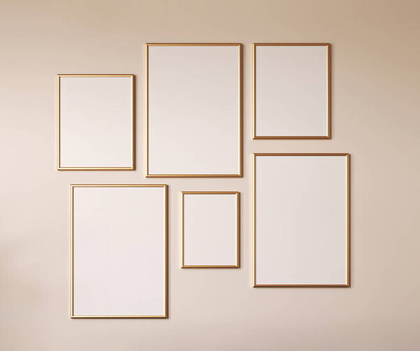 Modern classic beige set picture with gold frame on empty wall. Light nature scandi interior panoramic background. 3d rendering mock up. High quality 3d illustration.