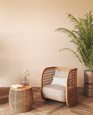 Japandi boho bej iç döşemesi yeşil palmiye bitkileri ve koltuk arkası. Hafif modern Avustralyalı oturma odası. 3D görüntüleme. Yüksek kalite 3d illüstrasyon.
