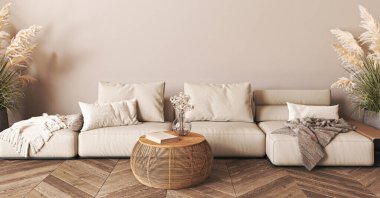 Japon bej iç dekorasyonu, kanepe ve kuru bitki. Hafif doğa skandalı oturma odası. Yatay panoramik arkaplan. 3D görüntüleme modeli. Yüksek kalite 3d illüstrasyon.