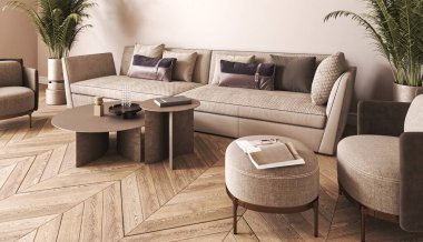 Kanepe ve yeşil bitkilerle bej renkli klasik bir iç mekan. Hafif doğa skandalı oturma odasını dekorla doldurdu. 3D görüntüleme. Yüksek kalite 3d illüstrasyon.