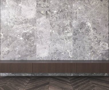 Japandi boho gri taş iç koridor koyu ahşap klozet arka planı. Mermerli, modern Avustralya oturma odası. 3D görüntüleme modeli. Yüksek kalite 3d illüstrasyon.