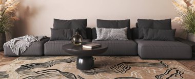 Japon bej iç mimarisi, koyu gri kanepe ve kuru bitki. Hafif doğa skandalı oturma odası. Yatay panoramik arkaplan. 3D görüntüleme. Yüksek kalite 3d illüstrasyon.