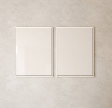 İki çerçeve arkaplanı olan boho gri duvar. Hafif modern Japon doğa görüşü. 3D görüntüleme. Yüksek kalite 3d illüstrasyon.