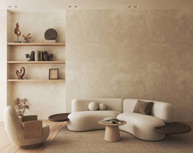 Boho bej oturma odası koltuk ve kanepe arka planı. Hafif modern çiftlik evi iç mimarisi. 3D görüntüleme. Yüksek kalite 3d illüstrasyon.