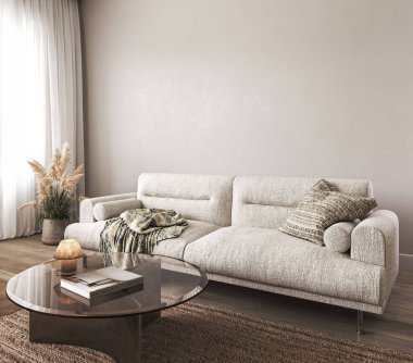 Kuru ot bitkisi arka planına sahip Boho bej oturma odası. Hafif modern Japon doğası. 3D görüntüleme. Yüksek kalite 3d illüstrasyon.