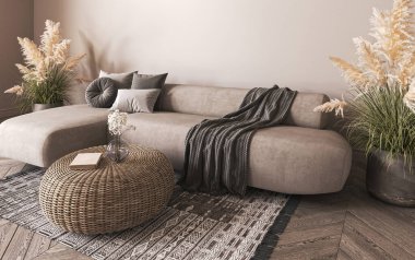 Kuru palmiye bitkisi ve hasır masa manzaralı Boho bej oturma odası. Hafif modern Japon doğası. 3D görüntüleme. Yüksek kalite 3d illüstrasyon.