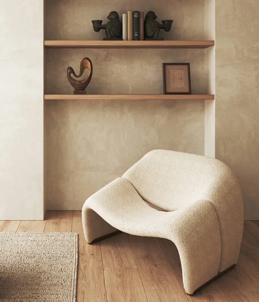 Boho Beige Wohnzimmer Mit Sessel Und Regale Mit Bücher Hintergrund — Stockfoto
