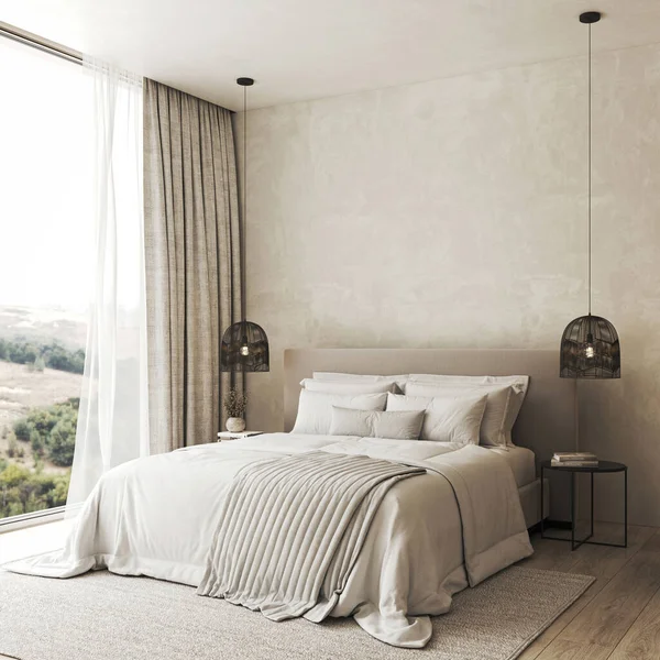 Casa Dormitorio Interior Con Cama Lámpara Ropa Cama Blanca Mesita —  Fotos de Stock