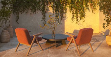 Doğal taş duvar, güneş, masa ve turuncu sandalyeli açık bej renkli skandi balkonu. Yeşil bitkilerle gün batımının güzel manzarası. 3D görüntüleme. Yüksek kalite 3d illüstrasyon.