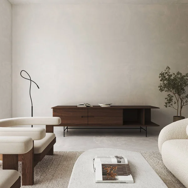 Boho Beige Wohnzimmer Mit Grünem Pflanzenhintergrund Leichtes Modernes Japanisches Interieur — Stockfoto