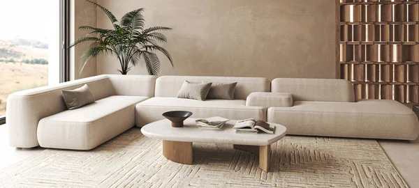 stock image Boho beige livingroom with palm plants and decor - carpet background. Light modern japanese nature view. Horizontal banner panoramic background. 3d rendering. High quality 3d illustration.