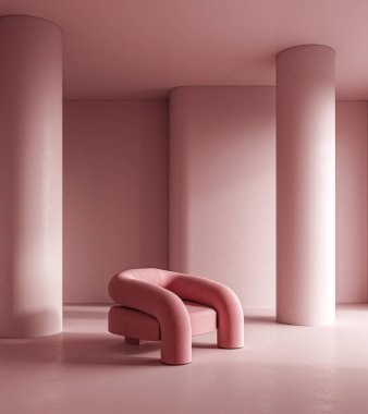 Pembe duvarlı kavramsal iç mekan stüdyo odası. Memphis tarzında yaratıcı kompozisyon koltuğu. Model boş arkaplan. 3D görüntüleme. Yüksek kalite 3d illüstrasyon.