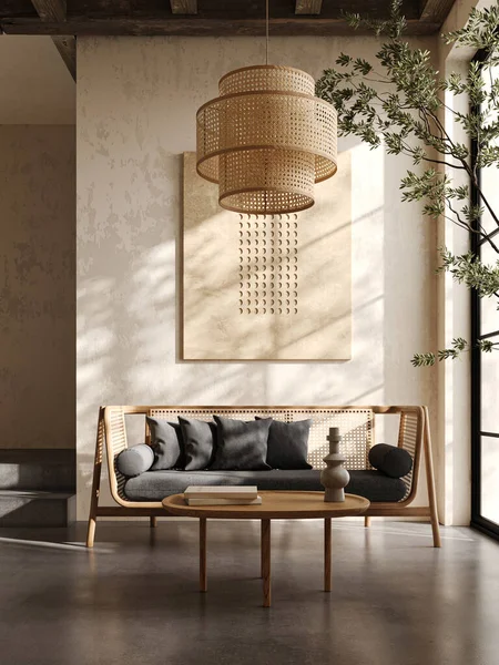 Boho bej oturma odası, kanepede, ağaçta ve pencerelerde arka planda. Hafif modern Japon doğa görüşü. 3D görüntüleme. Yüksek kalite 3d illüstrasyon.