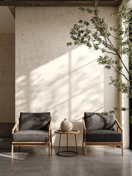 Boho Beige Wohnzimmer Mit Sesseln Baum Und Fenster Hintergrund Leichtes — Stockfoto