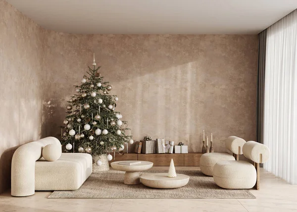 Süslü Noel ağacı ve hediye geçmişi olan Boho bej oturma odası. Modern doğa penceresi manzarası. 3D görüntüleme, sıva duvarı gibi. Yüksek kalite 3d illüstrasyon.