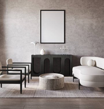 Boho bej oturma odası iç tasarımı, gri duvarda 1 resim çerçevesi, koltuk ve kanepe arka planında. Hafif modern Japon doğa görüşü. 3D görüntüleme modeli. Yüksek kalite 3d illüstrasyon.