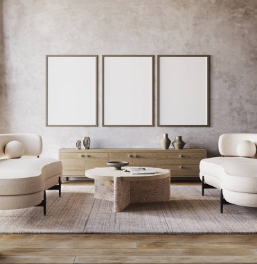 Boho bej oturma odası iç tasarımı 2 kanepe, 3 resim çerçevesi ve gri duvar arkası. Hafif modern Japon doğa görüşü. 3D görüntüleme modeli. Yüksek kalite 3d illüstrasyon.