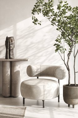 Boho beige livingroom with lounge chair, tree and sculpture background. Light modern japanese nature view. 3d rendering. High quality 3d illustration. clipart