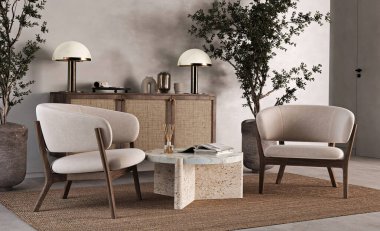 Boho bej oturma odası, şezlong, ağaç ve 2 lamba arka planda. Hafif modern Japon doğa görüşü. 3D görüntüleme. Yüksek kalite 3d illüstrasyon.