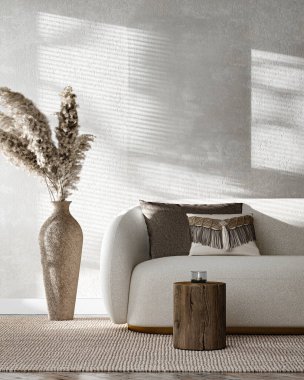 Kanepesi, kuru palmiye yaprakları ve gri duvar arkaplanı olan Boho bej oturma odası. Güneşli modern Japon doğa görüşü. 3D görüntüleme modeli. Yüksek kalite 3d illüstrasyon.