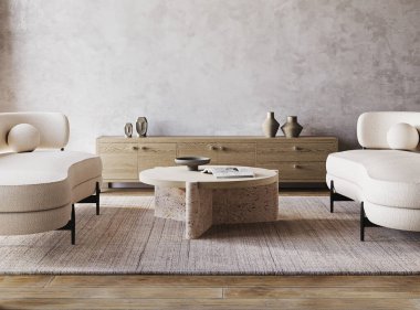 Boho bej oturma odası iç tasarımı 2 kanepe ve gri duvar arkası. Hafif modern Japon doğa görüşü. 3D görüntüleme modeli. Yüksek kalite 3d illüstrasyon.