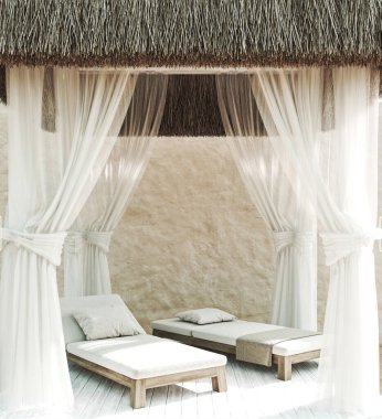 Kumsalda kumlu lüks otel tasarımı. Dışarıda güzel taş duvarları ve perdeleri olan beyaz avlusu olan modern bir Afrika villası var. 3D tasarım modeli. Yüksek kalite 3d illüstrasyon.