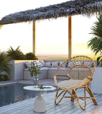 Lüks otel tasarımı. Dışarıda modern villa, güzel manzara manzarası, kahverengi ahşap zemin ve yeşil palmiye bitkileri. Gün batımı dağ manzarası. 3D görüntüleme. Yüksek kalite 3d illüstrasyon.