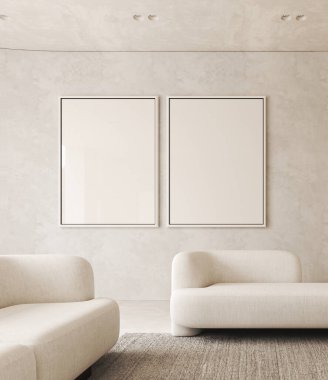 Boho bej oturma odası, 2 beyaz kanepe ve 2 çerçeve arka plan. Hafif modern Japon doğa görüşü. 3D görüntüleme. Yüksek kalite 3d illüstrasyon.