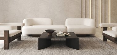 Boho bej renkli oturma odası, ışıklandırılmış ve dekore edilmiş paneller, halı arka planı. Hafif modern Japon doğa görüşü. Yatay panoramik arkaplan. 3D görüntüleme. Yüksek kalite 3d illüstrasyon.