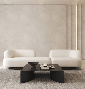 Boho bej renkli oturma odası, ışıklandırılmış ve dekore edilmiş paneller, halı arka planı. Hafif modern Japon doğa görüşü. 3D görüntüleme. Yüksek kalite 3d illüstrasyon.