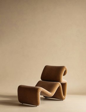 Alçıpan duvarlı konseptsel iç mimari stüdyo odası. Sıcak pastel renkli yaratıcı kompozisyon koltuğu. Model boş arkaplan. 3D görüntüleme. Yüksek kalite 3d illüstrasyon.