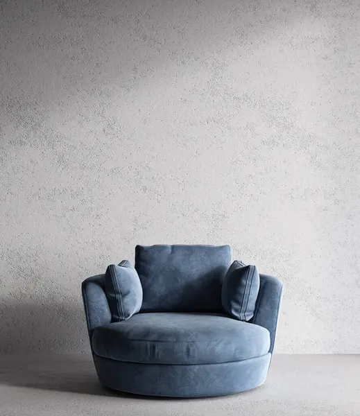 Conceptual vintage interior studio room with stucco wall. Creative composition armchair in dark blue pastel color. Mockup empty background. 3d rendering. High quality 3d illustration.