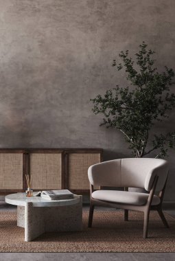 Boho klasik gri oturma odası iç tasarımı sandalye, yeşil bitki ve gri duvar altyapısı. Hafif modern Japon doğa görüşü. 3D görüntüleme modeli. Yüksek kalite 3d illüstrasyon.