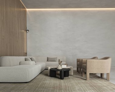 Büyük modüler kanepe, koltuklar ve ışıklandırılmış tavan arkaplanı olan gri minimal oturma odası. Hafif modern Japon doğa görüşü. 3D görüntüleme. Yüksek kalite 3d illüstrasyon.