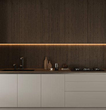 Modern stil koyu ahşap mutfak. Kahverengi iç tasarım. 3D görüntüleme. Yüksek kalite 3d illüstrasyon.
