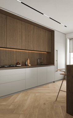 Pencere ve ada arka planına sahip modern stil ahşap mutfak iç tasarımı. 3D görüntüleme. Yüksek kalite 3d illüstrasyon.