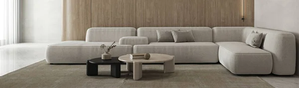 Beige minimal livingroom with large modular sofa, plants and decor - carpet background. Light modern japanese nature view. 3d rendering. High quality 3d illustration.