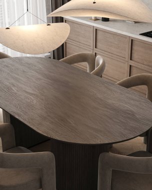 Modern koyu japandi minimal stil ahşap mutfak iç mimarisi pencere ve boş yemek masası arka planı. Doğa tasarımı. 3D görüntüleme. Yüksek kalite 3d illüstrasyon.