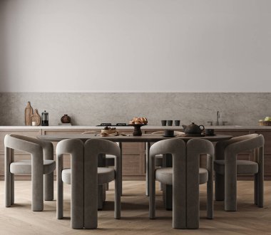 Modern karanlık, minimal, ahşap mutfak iç mimarisi, pencere ve yemek masası arka planı. Doğa tasarımı. 3D görüntüleme. Yüksek kalite 3d illüstrasyon.