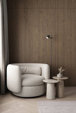 Koltukları, masası ve lambası olan modern karanlık ahşap oturma odası. Hafif modern Japon doğa görüşü. 3D görüntüleme modeli. Yüksek kalite 3d illüstrasyon.
