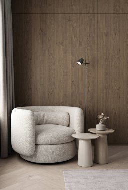 Modern dark wooden livingroom with armchairs, table and lamp background. Light modern japanese nature view. 3d rendering mock up. High quality 3d illustration. clipart