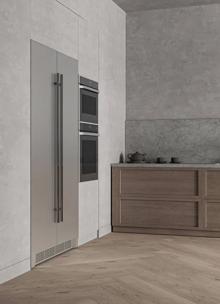 Modern minimal style grey wooden kitchen with refrigerator interior background. Nature stucco design. 3d rendering. High quality 3d illustration.