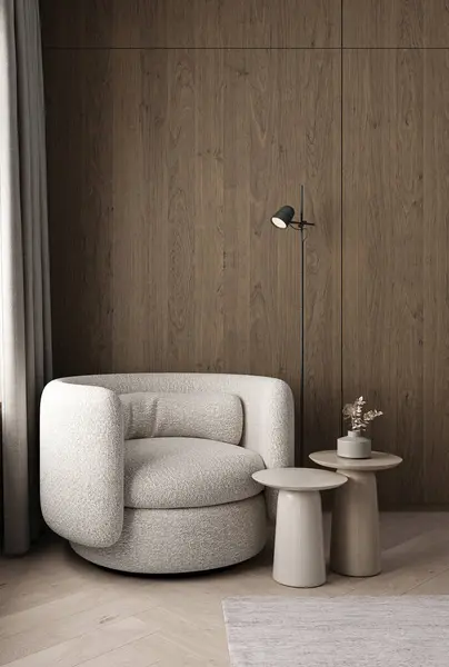 Koltukları, masası ve lambası olan modern karanlık ahşap oturma odası. Hafif modern Japon doğa görüşü. 3D görüntüleme modeli. Yüksek kalite 3d illüstrasyon.
