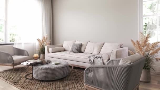Modern Scandinavian Interior Livingroom Sofa Armchair Background Empty Wall Mockup — Stock Video