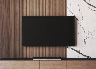 Klasik pahalı ışıklı televizyon duvarı klozet ve ahşap panellerle donatılmış. Mermer bej arka planı olan modern bir oturma odası. 3D görüntüleme. Yüksek kalite 3d illüstrasyon.