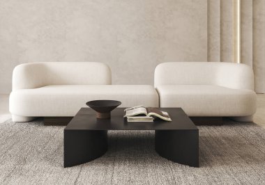 Boho bej renkli oturma odası, ışıklandırılmış ve dekore edilmiş paneller, halı arka planı. Hafif modern doğa görüşü. 3D görüntüleme. Yüksek kalite 3d illüstrasyon.