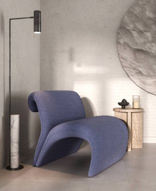 Mavi koltuklu ve güneşli arka planlı modern gri oturma odası. Karanlık modern doğa görüşü. 3D görüntüleme. Yüksek kalite 3d illüstrasyon.
