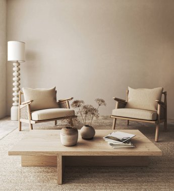 Boho bej oturma odası, vazoda kuru bitki ve iki koltuk arkası. Hafif modern Japon doğası. 3D görüntüleme. Yüksek kalite 3d illüstrasyon.